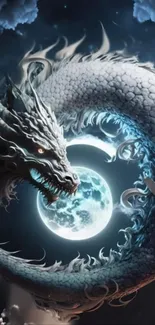 Mystical dragon encircling a luminous moon in fantasy art wallpaper.