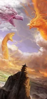 Mobile wallpaper of a dragon and phoenix amid a mystical sunset.