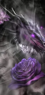 Mystical dragon with a purple rose in fantasy art.