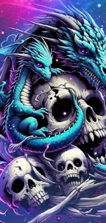 Blue dragon surrounded by dark skulls with a vibrant background.
