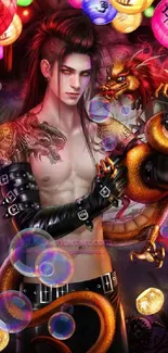 Mobile wallpaper featuring a tattooed warrior with a dragon and colorful lanterns.