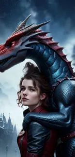 Digital art of a dragon with a woman in a gothic cityscape background.