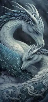 Artistic wallpaper featuring two blue dragons intertwined in a mystical setting.