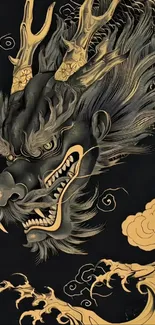 Mystical black and gold dragon artwork.