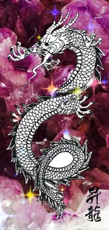 Intricate dragon art with a purple stone background.