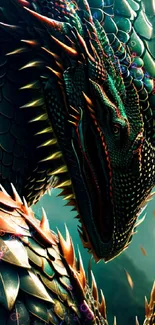 Stunning dragon with colorful scales on a fantasy-inspired mobile wallpaper.