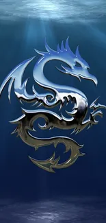 Metallic dragon on a deep blue background.