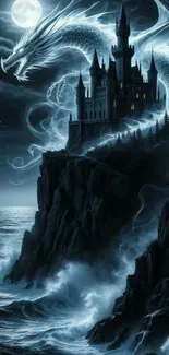 Dragon guarding a castle on cliffs under moonlight.