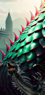 Vibrant dragon scales with a castle backdrop in a mystical fantasy setting.