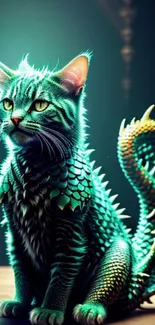 Turquoise dragon cat with spiky scales on phone wallpaper.