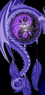 Vibrant purple dragon dreamcatcher design on a dark background.