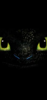 Dark dragon face with glowing green eyes on black background.