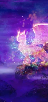 Mystical dragon in a purple fantasy setting, glowing with vibrant colors.