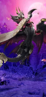 Majestic dragon flying over a mystical purple landscape in fantasy art wallpaper.