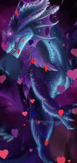 Mystical purple dragon with hearts fantasy artwork.