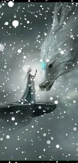 Mystical fantasy wallpaper with dragon and cloaked figure in ethereal setting.