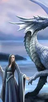 Mystical dragon and sorceress by the ocean in fantasy art.