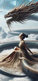 Woman sits among clouds with a dragon, creating a serene fantasy scene.