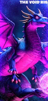 Dazzling dragon with glowing orb in purple and pink hues.