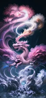 A mystical dragon surrounded by swirling, colorful clouds in a fantasy art style.