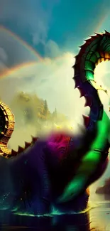 A mystical dragon in lush, colorful fantasy landscape with rainbows.