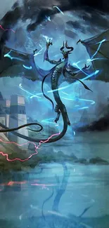 Mystical dragon with blue lightning in fantasy scenery.