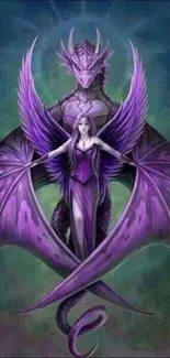 Mystical dragon and woman in purple with wings fantasy art wallpaper.