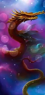 Mystical dragon in a vibrant cosmic scene with colorful bokeh effects.