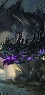 A detailed fantasy art of a dark mystical dragon with a purple glow.