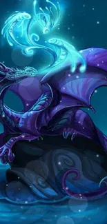 Purple dragon in moonlit fantasy scene on rock.