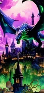 Majestic dragon flying over a vibrant castle.