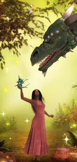 Fantasy scene with a woman and dragon in a glowing forest setting.