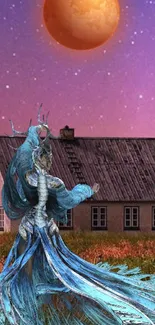 Mystical dragon under a twilight moonlit sky with farmhouse backdrop.