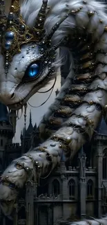 Mystical dragon with blue eyes overlooking a gothic castle.