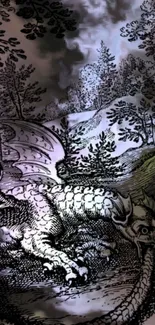 Illustration of a dragon resting in a mystical forest setting.