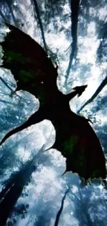 A dragon silhouette set against a mystical forest backdrop.