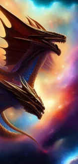 Mystical dragons soar through a vibrant galaxy of cosmic colors.