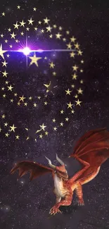 Dragon flying amid twinkling stars in a galaxy-themed wallpaper.