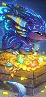 Colorful dragon guarding treasure in fantasy art style.