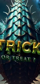 Mystical dragon’s scales with Trick or Treat text in vibrant colors.