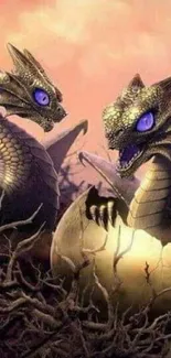 Two mystical dragon hatchlings emerging from eggs in a fantasy setting.