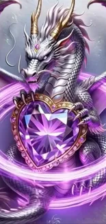 A mystical dragon clutching a heart-shaped purple crystal in a fantasy scene.