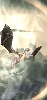 Mystical dragon soaring through ethereal clouds with a luminous backdrop.