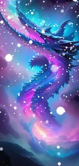 A mystical dragon swirls through a vibrant cosmic sky with blues and purples.