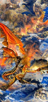 Dragon flying in a fiery, colorful sky with dramatic clouds.