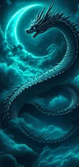 Mystical dragon spiraling in teal moonlight sky.