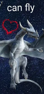 Mystical dragon flying in a starry night sky with a heart symbol.