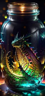 Colorful dragon inside a glowing jar, fantasy mobile wallpaper.