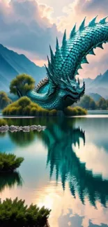 Fantasy dragon over lake with mountains and reflections.