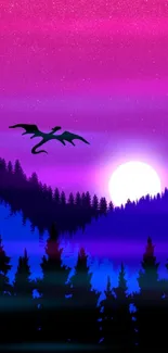 Silhouette of a dragon flying over a colorful forest at sunset.